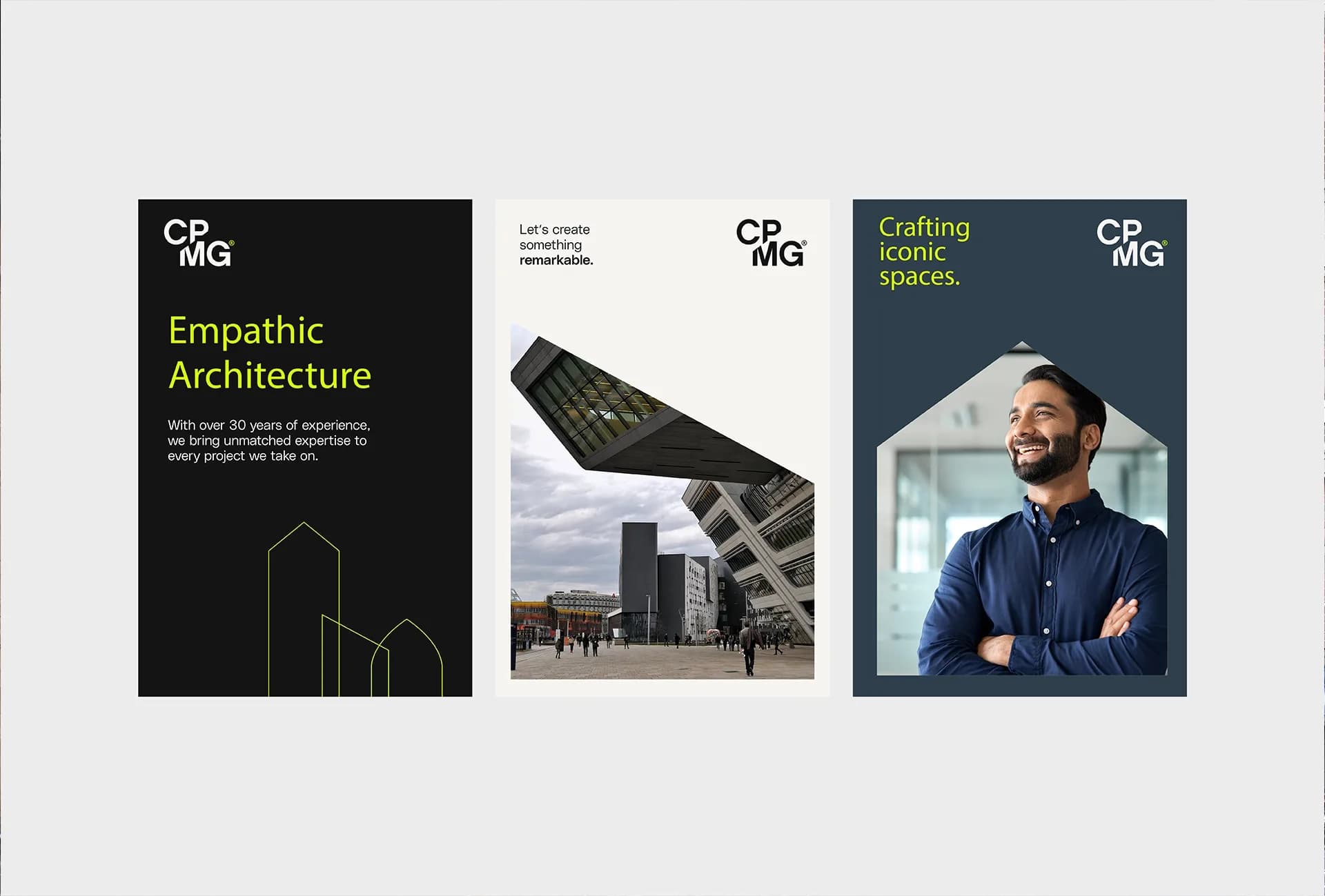 Three examples of CPMG's posters once we had completed their rebrand.